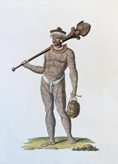 Tattooed Nukahi warrior with club and gourd, handcoloured copper engravings from picture Tattooed Nukahi warrior with club and gourd, handcoloured copper engravings from picture