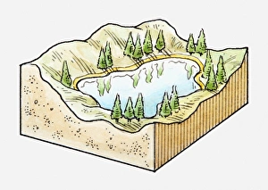 Three-dimensional illustration of mountain lake surrounded by forest Three-dimensional illustration of mountain lake surrounded by forest