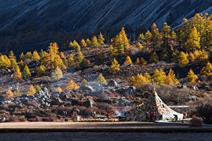 The Tibetan prayer flags pavilion in Yading The Tibetan prayer flags pavilion in Yading