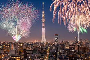 Tokyo skytree with fireworks at night, Japan Tokyo skytree with fireworks at night, Japan