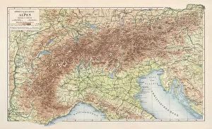 Venice, Italy Gallery: Topographic map of the European Alps, lithograph, published in 1897