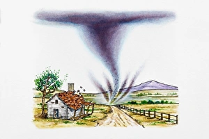 Tornado in rural landscape, tiles flying off roof Tornado in rural landscape, tiles flying off roof