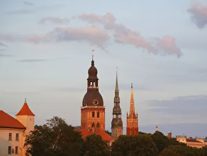 Towers of the Riga Castle, Riga Cathedral, St. Peters Church, from the Vansu-Brucke oder Vansu Tilts, Riga, Latvia Towers of the Riga Castle, Riga Cathedral, St. Peters Church, from the Vansu-Brucke oder Vansu Tilts, Riga, Latvia
