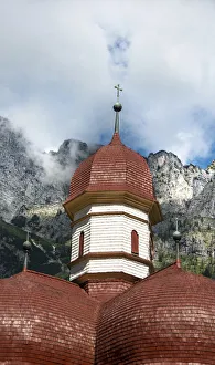 Towers of St. Bartholoma on lake Konigssee, Berchtesgaden National Park, Berchtesgadener Land, Upper Bavaria, Bavaria Towers of St. Bartholoma on lake Konigssee, Berchtesgaden National Park, Berchtesgadener Land, Upper Bavaria, Bavaria