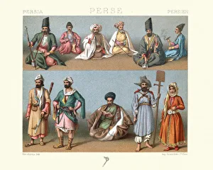 Traditional costumes of Persia, 19th Century, Smokers, soldier, muletteer, Armenians Traditional costumes of Persia, 19th Century, Smokers, soldier, muletteer, Armenians