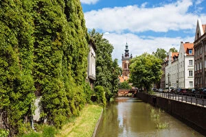 Traditional historic houses covered with ivy on a canal in the old town of Gdansk, Poland