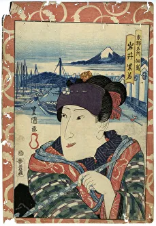 Traditional Japanese Woodblock female by harbour Traditional Japanese Woodblock female by harbour
