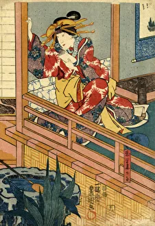 Traditional Japanese Woodblock female by window Traditional Japanese Woodblock female by window