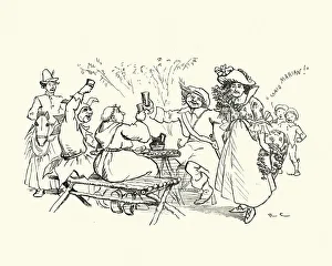 Traditional mummers actors drinking having lunch in the garden, Victorian Traditional mummers actors drinking having lunch in the garden, Victorian