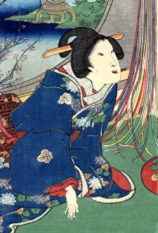 Traditional Woodblock Print Woman Kneeling Traditional Woodblock Print Woman Kneeling
