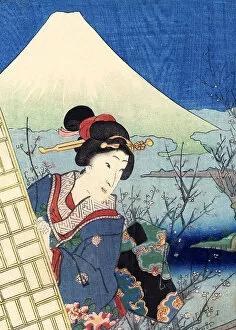 Images Dated 21st October 2009: Traditional Woodblock Print Woman and Mount Fuji