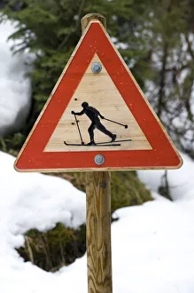 Traffic sign calling attention fo crossing cross-country skiers, Oslo, Norway, Europe Traffic sign calling attention fo crossing cross-country skiers, Oslo, Norway, Europe
