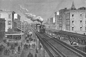 Train on double tracks of elevated railway, NYC, c. 1880 Train on double tracks of elevated railway, NYC, c. 1880