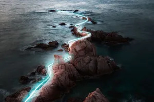 Prints of Light painting between the rock formations in the Costa Brava coastline Travel Imagery Prints: Costa Brava Sunrise Light Painting Print