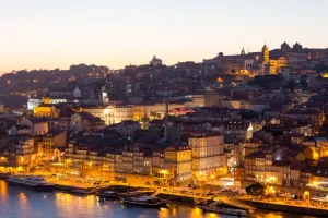 Prints of The historic Ribeira (riverside) district on the river Douro at Porto (also known as Oporto) at dusk Landscapes Prints: Ribeira Riverside at Night Porto Print