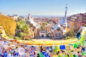 Prints of Architectural ceramic art designed by Antonio Gaudi in Park Guell which contains amazing stone structures, stunning tiling and fascinating buildings Travel Imagery Prints: Park Guell Barcelona Ceramic Art Print