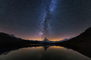 Prints of Matterhorn Mountain with Milky way reflection in Lake Stellisee, Zermatt, Switzerland Travel Photographer Collection Prints: Matterhorn with Milky Way Print, Zermatt Switzerland