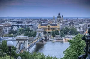 Chain Bridge over River Danube Print, Budapest Elevated View