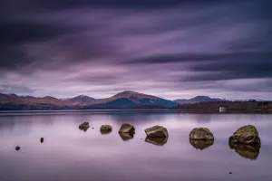 Prints of A winters evening on Loch Lomond with the Milarrochy Bay rocks on the East bank shore of Loch Lomond in the stunning Trossachs National Park, Scottish Highlands Travel Photographer Collection Prints: Loch Lomond Winter Evening Print, Trossachs National Park