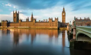 Prints of Golden light reflects off the Palace of Westminster during a quiet Christmas morning in London World Famous Bridges Prints: Golden Light on the Palace of Westminster Print