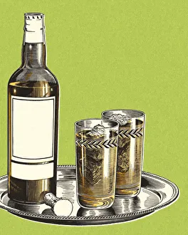 Tray with Two Glasses and a Bottle of Liquor Tray with Two Glasses and a Bottle of Liquor