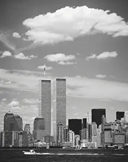 Twin Towers with boat in the foreground, New York, USA Twin Towers with boat in the foreground, New York, USA