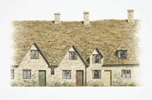 Two-storey Arlington Row cottage made of Cotswold stone, front view Two-storey Arlington Row cottage made of Cotswold stone, front view