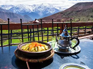 Typical clay pot, tajine, for cooking traditional Moroccan meals, mud-brick village of Anammer, Ourika Valley
