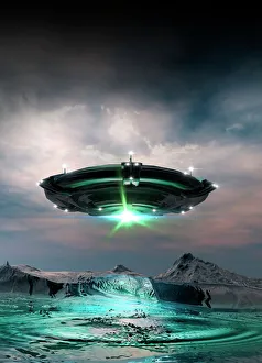 Ufo above planet surface, illustration