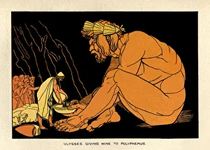 <b class=qtipBold><figcaption>Ulysses giving wine to Polyphemus</figcaption></b><br>Ulysses giving wine to the Cyclops, Polyphemus. From aStories From Homera by the Rev. Alfred J. Church, M.A.; illustrations from designs by John Flaxman. Published by Seeley, Jackson & Halliday, London, 1878.<br><em>© Linda Steward</em> Ulysses giving wine to Polyphemus