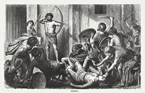 Heroes Gallery: Ulysses kills the suitors, Greek mythology, wood engraving, published 1880
