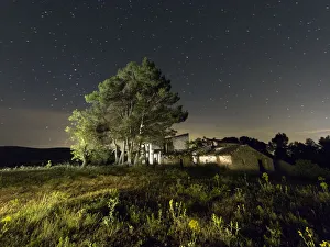 Uninhabited and derelict farmhouse full moon night Uninhabited and derelict farmhouse full moon night