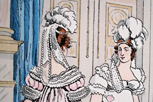 Upper class women wearing feather headdress, French Restoration, Paris, France Upper class women wearing feather headdress, French Restoration, Paris, France