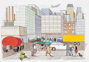Urban scene depicting busy littered streets full of vehicles Urban scene depicting busy littered streets full of vehicles