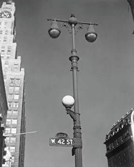 Low Angle View Gallery: USA, New York, New York City, lamp post on West 42nd Street, low angle view