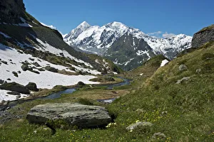 Valley with the Louvie stream in an alpine landscape with the peaks of Combin de Corbassiere Mountain, left Valley with the Louvie stream in an alpine landscape with the peaks of Combin de Corbassiere Mountain, left