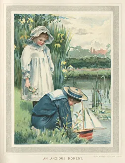 Victorian children launching a toy yacht in a pond Victorian children launching a toy yacht in a pond
