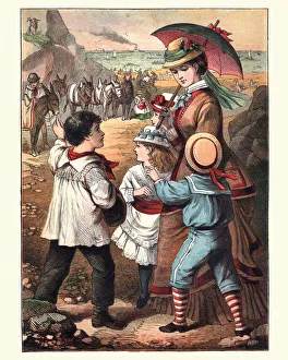 Victorian mother and her children on holiday at the beach Victorian mother and her children on holiday at the beach