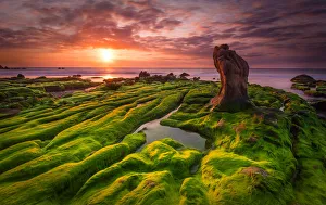 Vietnam - Sunrise over green moss cover rocks in Co Thach beach, Binh Thuan Vietnam - Sunrise over green moss cover rocks in Co Thach beach, Binh Thuan