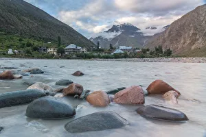 View of Bhag river with jispa village and tourist resort in jispa on leh manali highway View of Bhag river with jispa village and tourist resort in jispa on leh manali highway