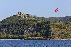 View from the Bosphorus towards the Genoese Castle or Yoros Kalesi, Bosporus, Anadolu Kavagi, Istanbul, Asian side