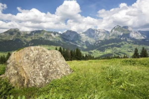 View from Klangweg or Sound Trail on Toggenburg Mountain towards the Alpstein Mountains View from Klangweg or Sound Trail on Toggenburg Mountain towards the Alpstein Mountains