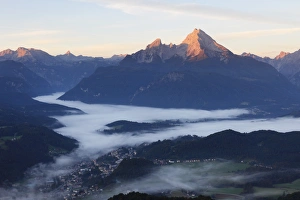 View from Kneifelspitze mountain across Berchtesgaden towards Watzmann mountain, in the morning, Berchtesgaden Alps, Berchtesgaden, Upper Bavaria, Germany, Europe View from Kneifelspitze mountain across Berchtesgaden towards Watzmann mountain, in the morning, Berchtesgaden Alps, Berchtesgaden, Upper Bavaria, Germany, Europe