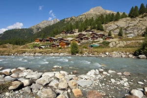 View across the Lonza river towards the mountain huts of the Gletscherstafel hamlet, Loetschental valley, Valais View across the Lonza river towards the mountain huts of the Gletscherstafel hamlet, Loetschental valley, Valais