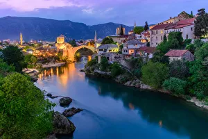 <b class=qtipBold><figcaption>View of Mostar old town</figcaption></b><br>View of Mostar old town during twilight time on April 14, 2017 in Bosnia and Herzegovina View of Mostar old town