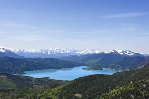 View from Mt Hirschkopfhoernl to Walchensee Lake and the Wetterstein range, Jachenau View from Mt Hirschkopfhoernl to Walchensee Lake and the Wetterstein range, Jachenau