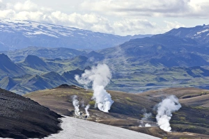 View from the Mt Hrafntinnusker or Raven Mountain across hot springs to Myrdalsjokull galcier, Hrafntinnusker View from the Mt Hrafntinnusker or Raven Mountain across hot springs to Myrdalsjokull galcier, Hrafntinnusker