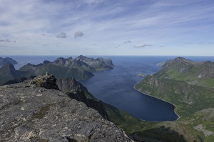 View from Mt Keipen, 936m, fishing village of Husoey at the back, Senja Island, Troms View from Mt Keipen, 936m, fishing village of Husoey at the back, Senja Island, Troms