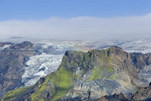 View from Myrdalsjoekull glacier over the hiking trail from Skogar to Fimmvoerouhals View from Myrdalsjoekull glacier over the hiking trail from Skogar to Fimmvoerouhals