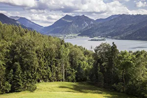View of Schliersee in the summer, from Schliersberg, Upper Bavaria, Upper Bavaria, Bavaria, Germany View of Schliersee in the summer, from Schliersberg, Upper Bavaria, Upper Bavaria, Bavaria, Germany